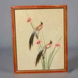 Vintage MCM‎ Feather Bird Art Blossoms Foliage Framed Charming Cottagecore Decor